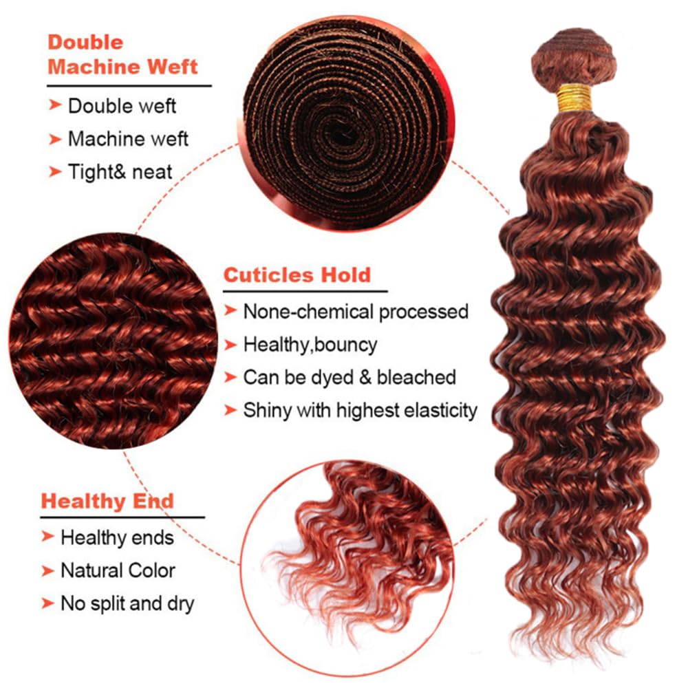 Reddish Brown Deep Wave Bundles Color #33 Human Hair Bundles Unprocessed Brazilian Virgin Reddish Brown Deep Wave 3 Bundles 14 14 14 Inch Double Weft Color #33 Bundles Human Hair