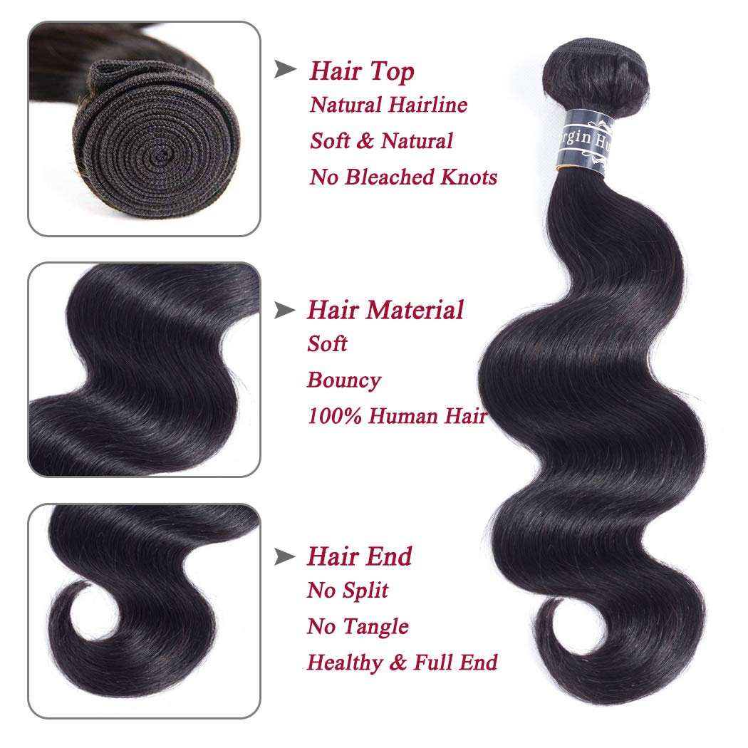 Amella Hair 8A Brazilian Human Hair Body Wave Bundles with Closure (10-14+10, Free Part) - 100% Unprocessed Brazilian Body Wave Hair Bundles with 4x4 Swiss Lace Closure