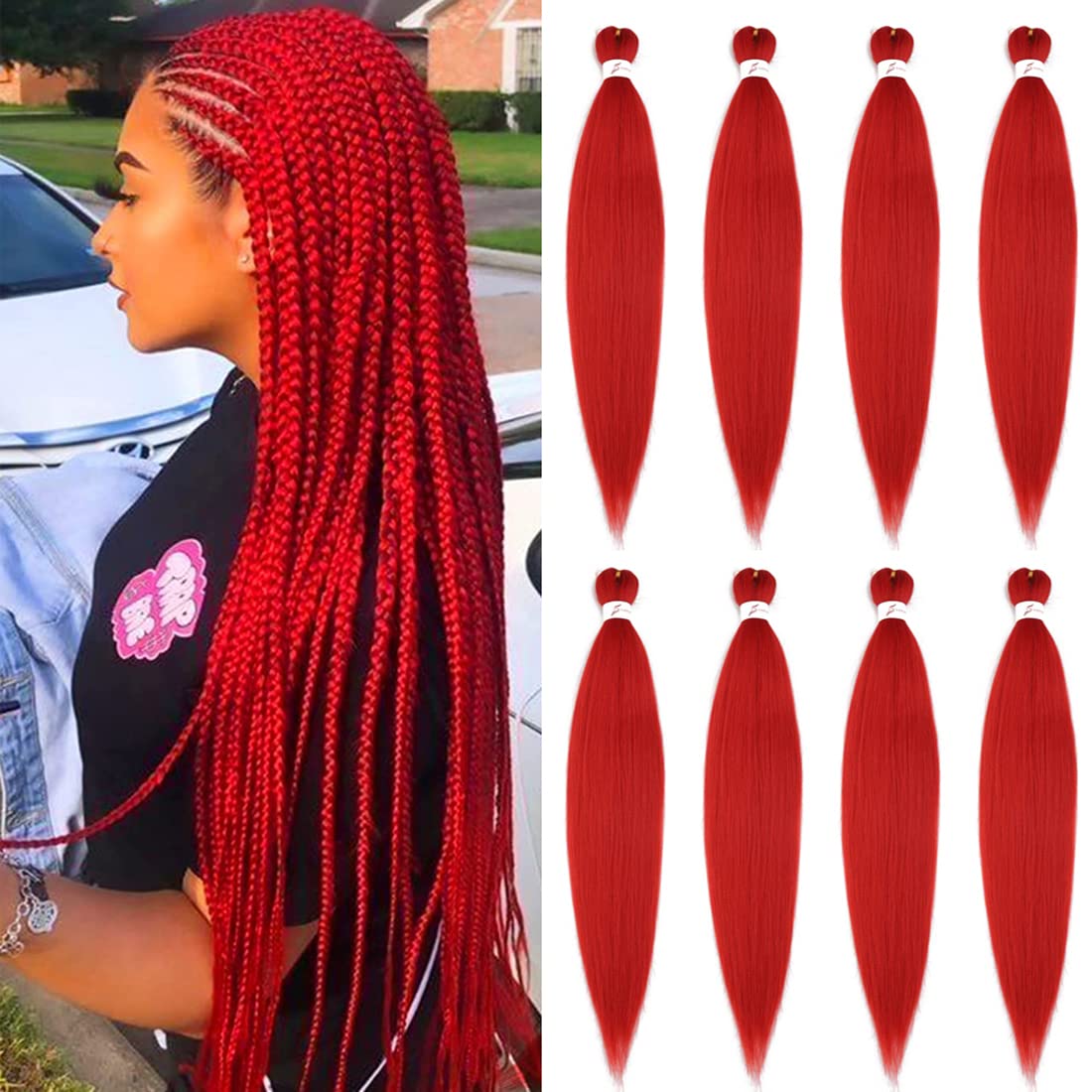 Pre Stretched Braiding Hair Extensions 30inch 8packs Professional Braids Hair Soft Yaki Straight Braid Hair Hot Water Setting Synthetic Crochet Hair (30inch,Red)