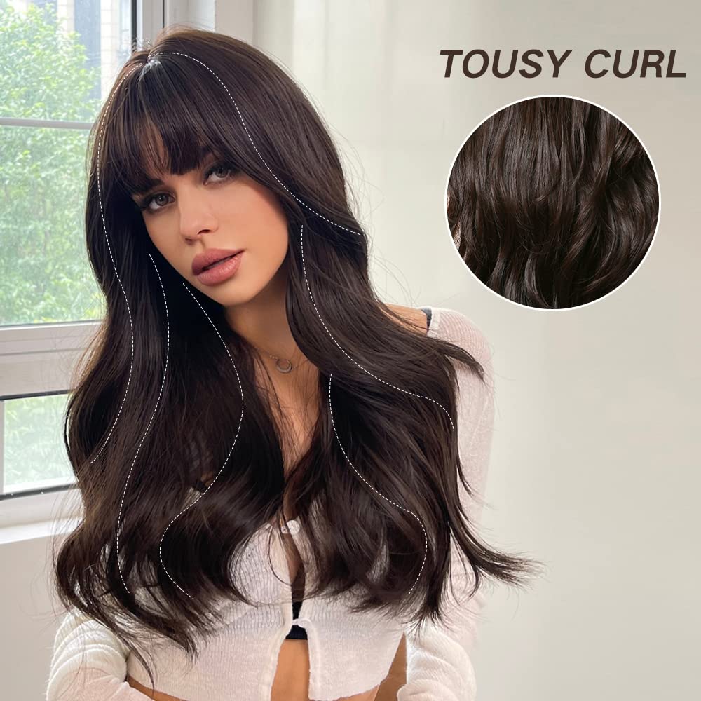 Esmee 24" Long Brown Color Synthetic Natural Wave Wigs with Neat Bangs for White/Black Women Party Wear.