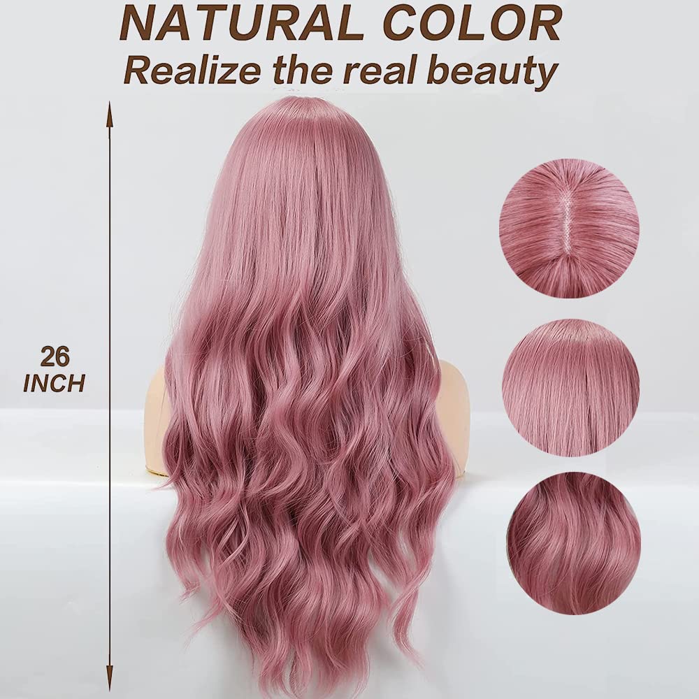 Esmee 26 Inches Long Pink Wig with Bangs Natural Synthetic Hair Wavy Wigs for Women Daily Party Cosplay Wear