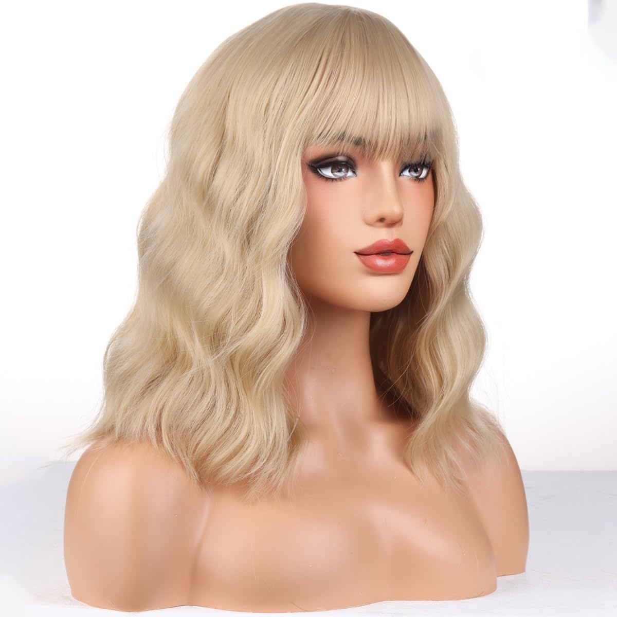 WTHCOS Blonde Wig For Women Short Curly Wavy Blonde Wig with Bangs Ash Blonde Bob Synthetic Wigs with Wig Cap (Ash Blonde)