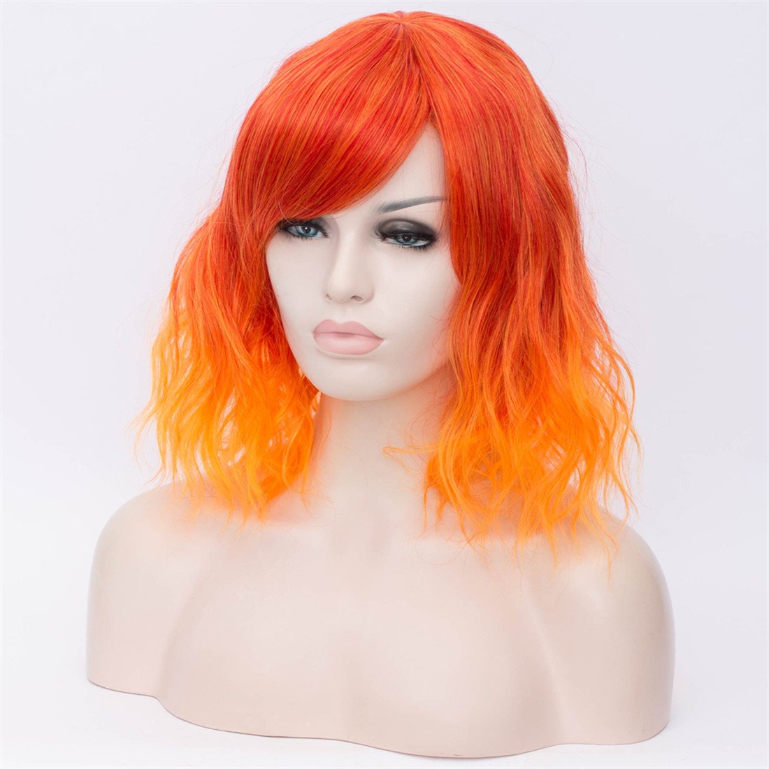 BUFASHION 14" Women Short Wavy Curly Wig Ombre Orange Bob Wig Cosplay Halloween Synthetic Wigs with Side Bang Wig(Ombre Orange)