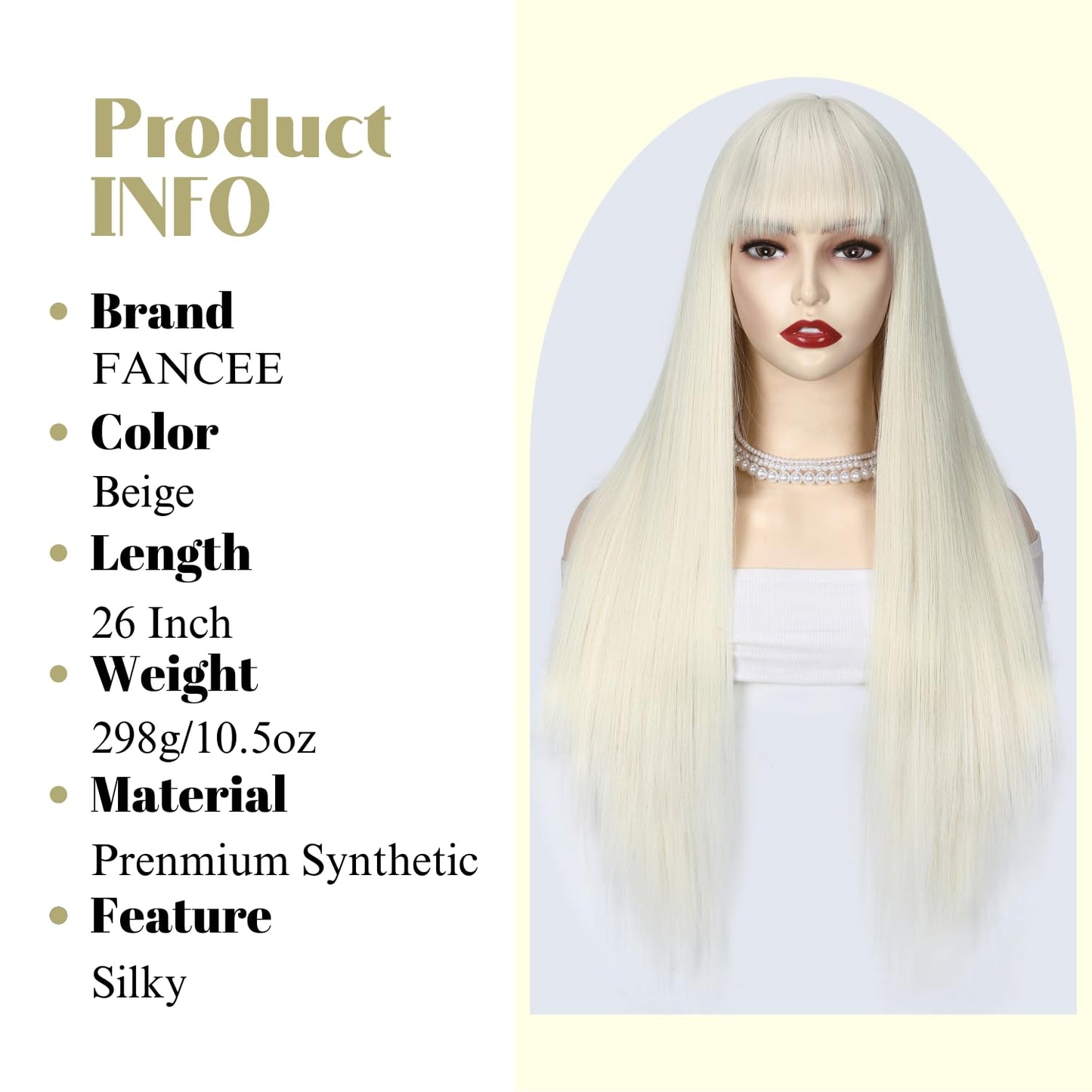 FANCEE Beige Wig with Bangs Long Straight Wig with Blunt Bangs for Women 26 Inch Synthetic Light Beige Blonde Wig with Layered Ends for Cosplay Halloween Party Daily Use