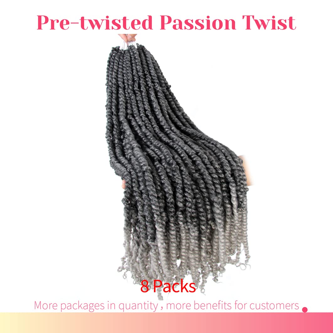 BOHOBABE Long Pre-Twisted Passion Twist Crochet Hair 36 Inch Pre-Looped Ombre Gray Braiding Hair 8 Packs Soft Bohemian Twists (T1B/Grey)