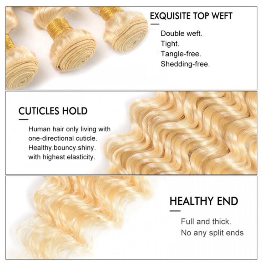 613 Human Hair Bundles Blonde Deep Wave Hair Extenisons 20 20 20 Inch Grade 8A Brazilian Virgin Remy Hair 3 Bundles Human Hair Double Weft Soft Real Hair Weave