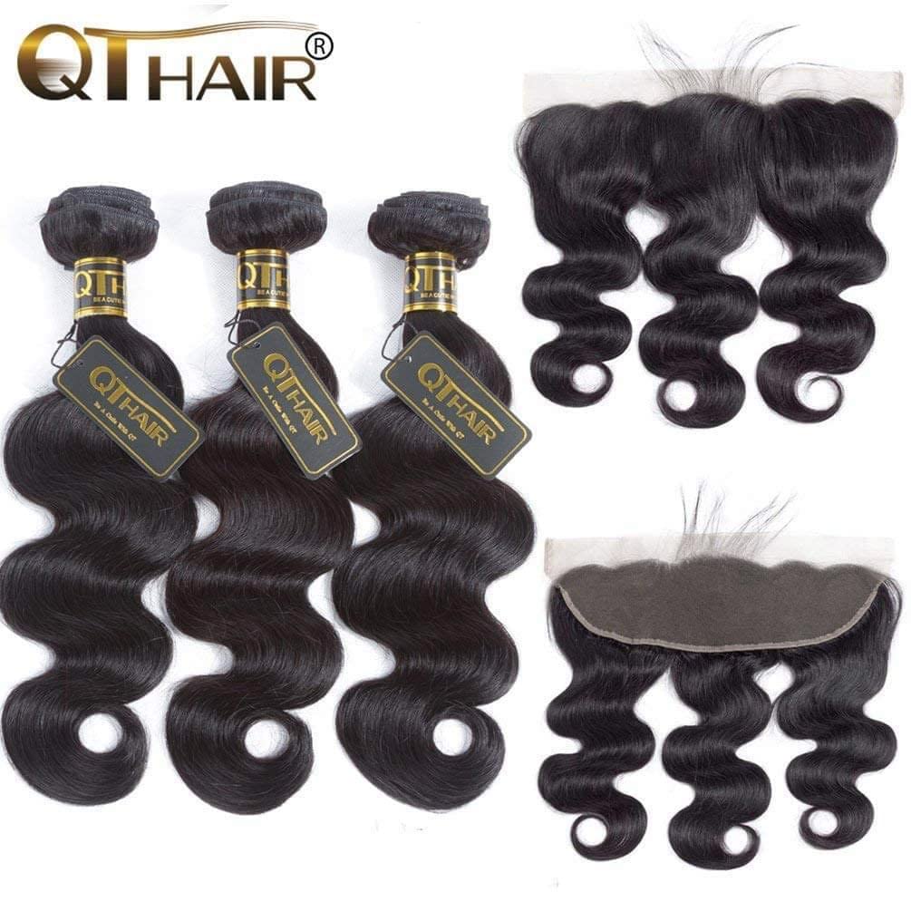 QTHAIR 12A Grade Body Wave Bundles with Frontal Human Hair Bundles with Lace Frontal Body Wave Hair Brazilian Virgin Hair Ear To Ear Frontal with Body Wave Bundles (12 14 14+10 frontal, Natural Color)