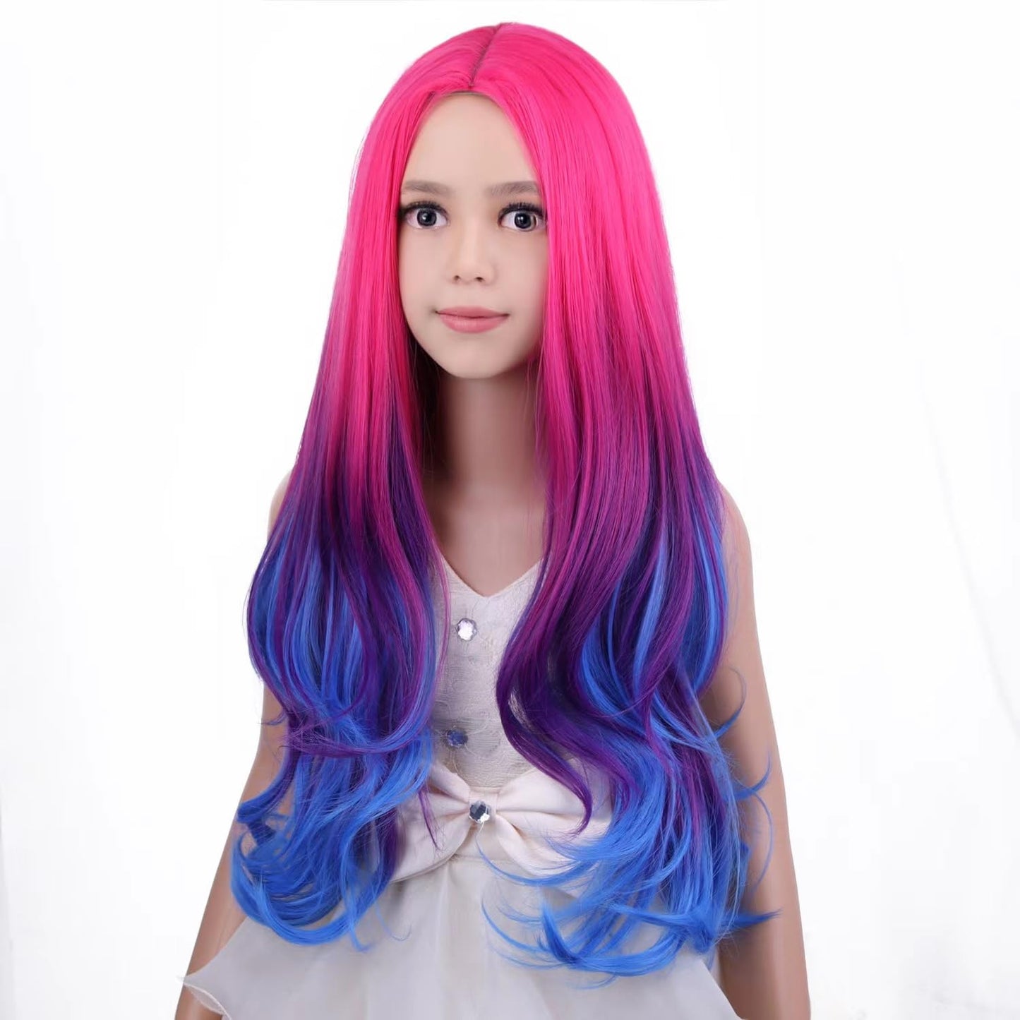 PATTNIUM Rose Ombre Blue Wig for Kids Child Hot Pink to Blue Wig Long Wavy Curly Ombre Blue Wig Heat Resistant Synthetic Hair Wigs