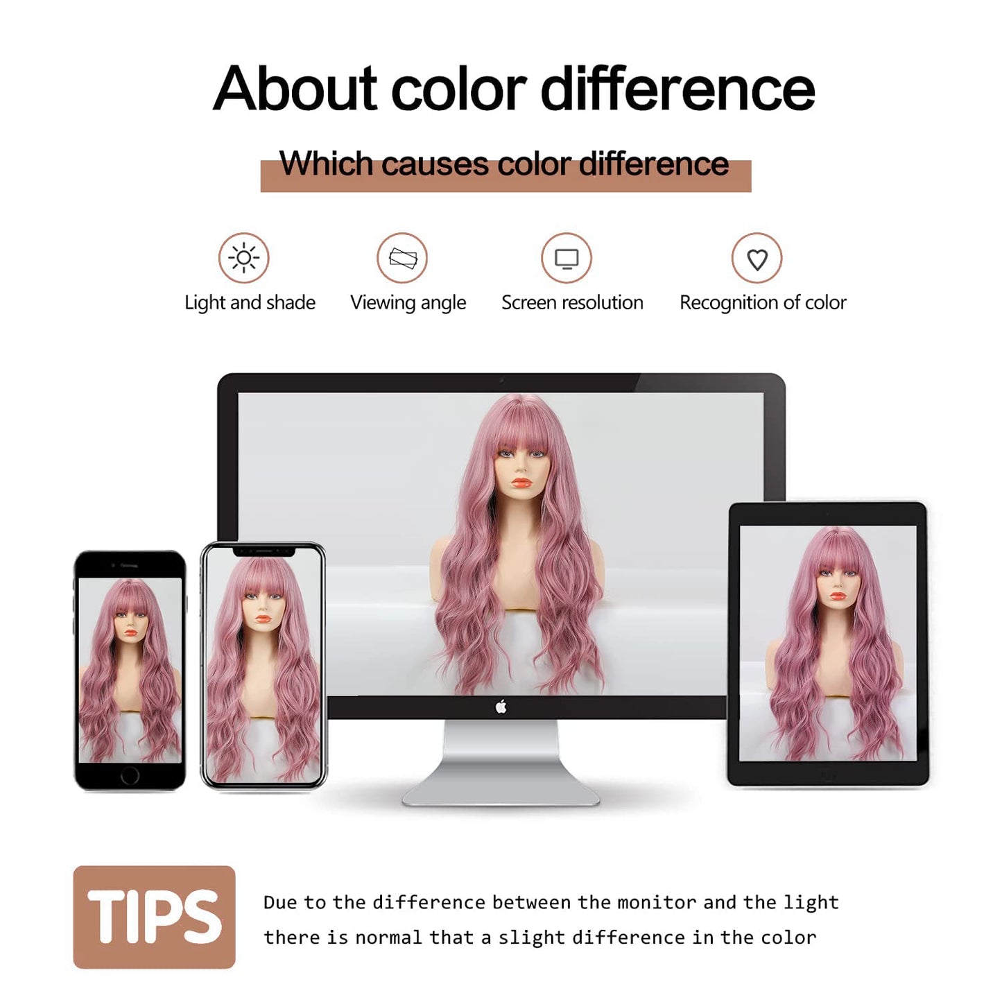 Esmee 26 Inches Long Pink Wig with Bangs Natural Synthetic Hair Wavy Wigs for Women Daily Party Cosplay Wear