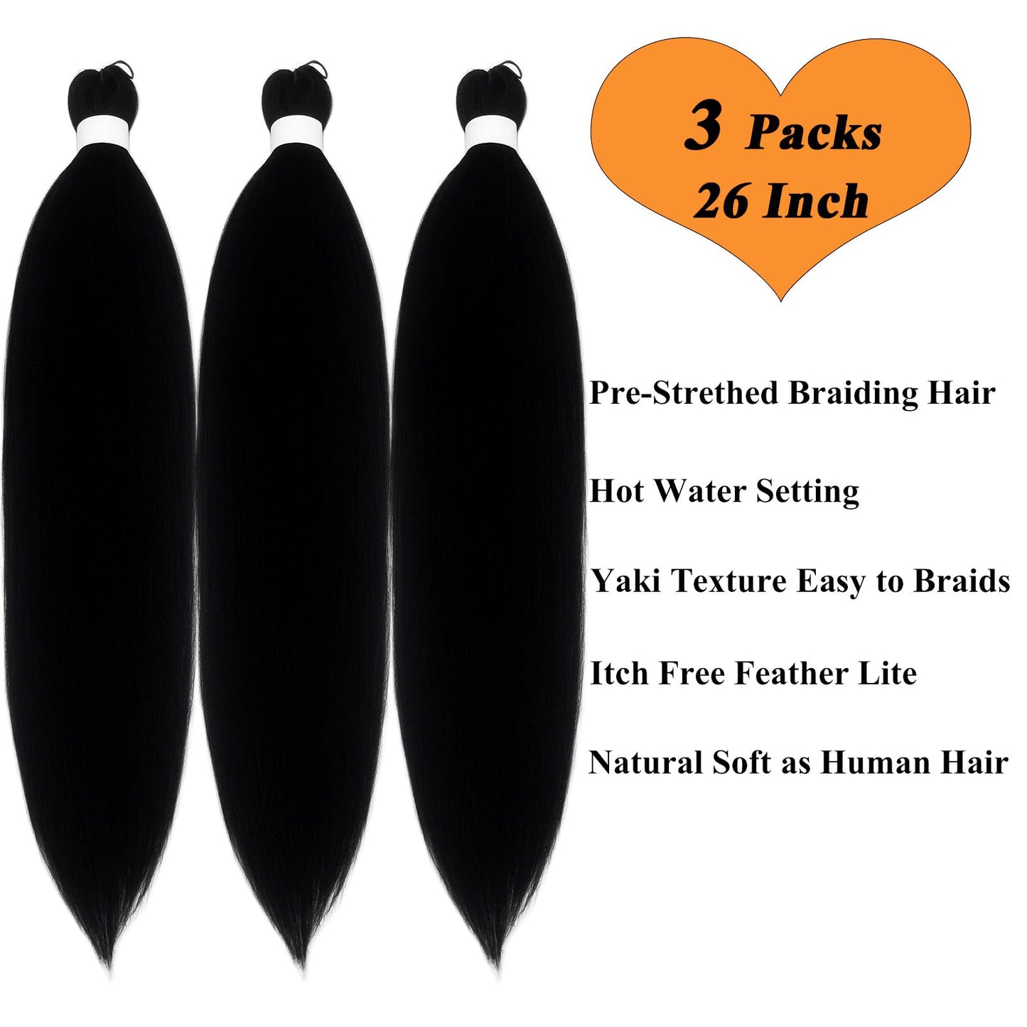1B Black Braiding Hair Pre Stretched 26 inch Prestretched Braiding Hair Black Box Braids Synthetic Hair for Braiding Pre Sectioned Hypoallergenic Braiding Hair Extensions (3 Packs)
