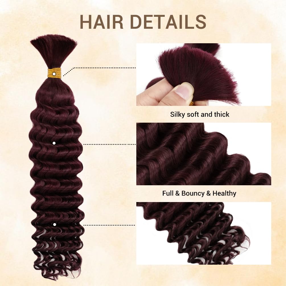 Human Braiding Hair for Boho Knotless Braids 1 Bundle 20 Inches 50g Deep Wave Bulk Human Hair for Braiding Hair Wet and Wavy 10A Brazilian Virgin Human Bohemian Hair for Braiding 99J
