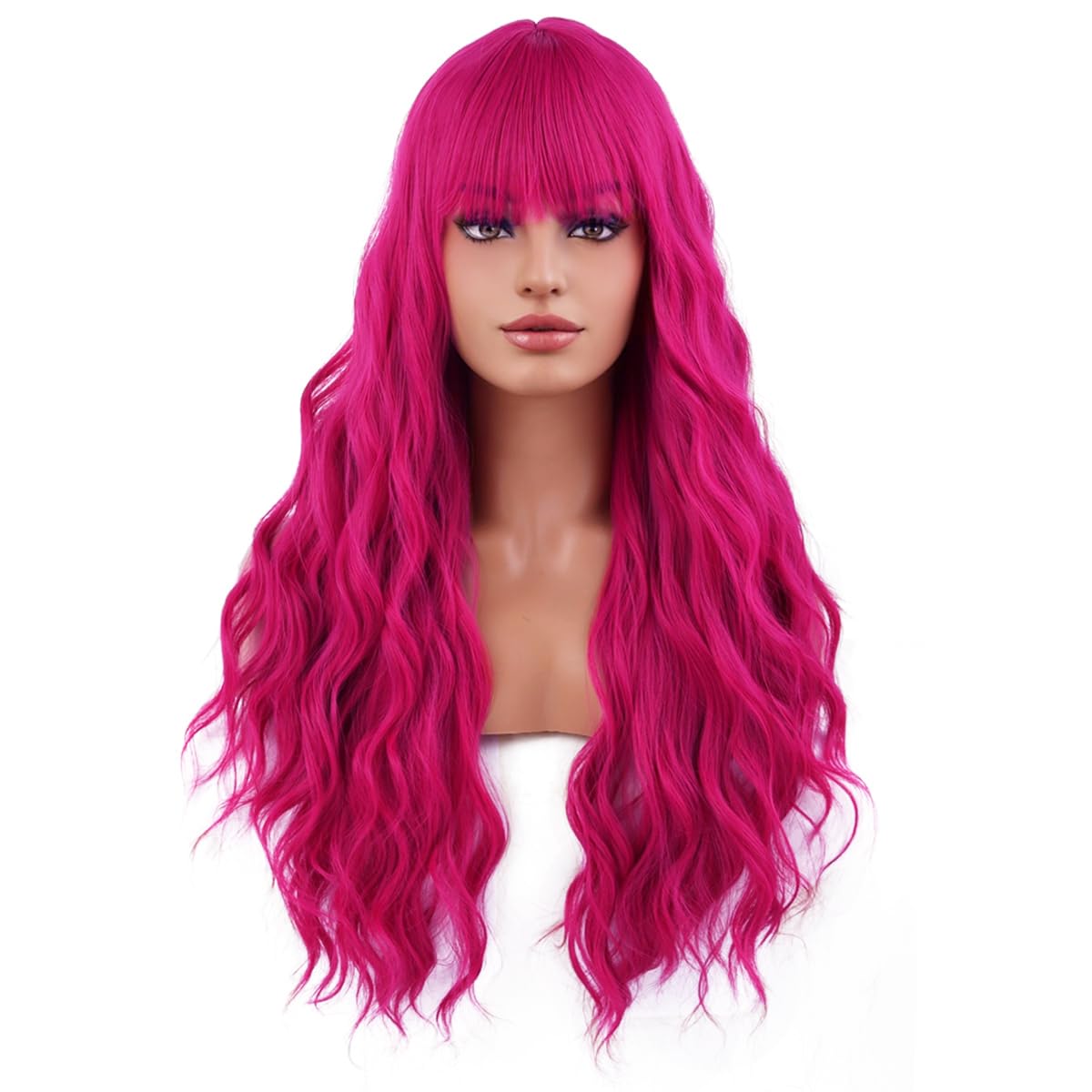 MAGQOO Hot Pink Wig Magenta Wig with Bangs Long Curly Wavy Neon Pink Hair Wigs for Women Girls Wig Cap Included