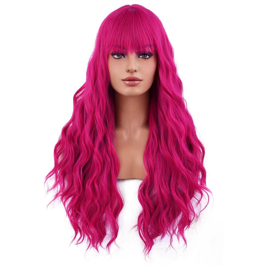 MAGQOO Hot Pink Wig Magenta Wig with Bangs Long Curly Wavy Neon Pink Hair Wigs for Women Girls Wig Cap Included