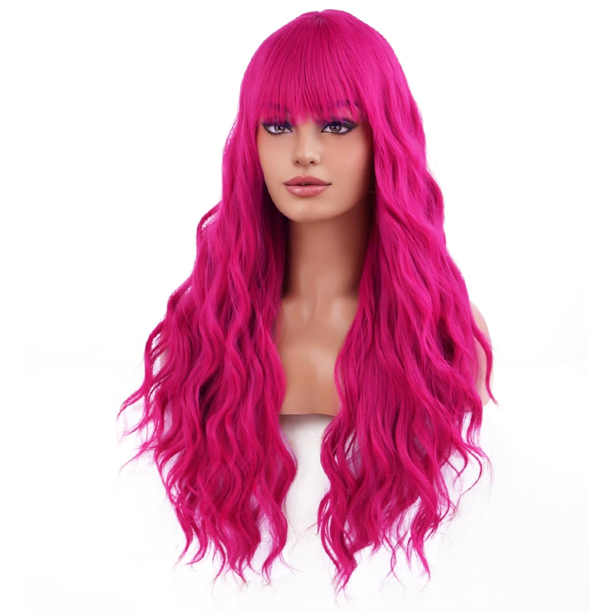 MAGQOO Hot Pink Wig Magenta Wig with Bangs Long Curly Wavy Neon Pink Hair Wigs for Women Girls Wig Cap Included