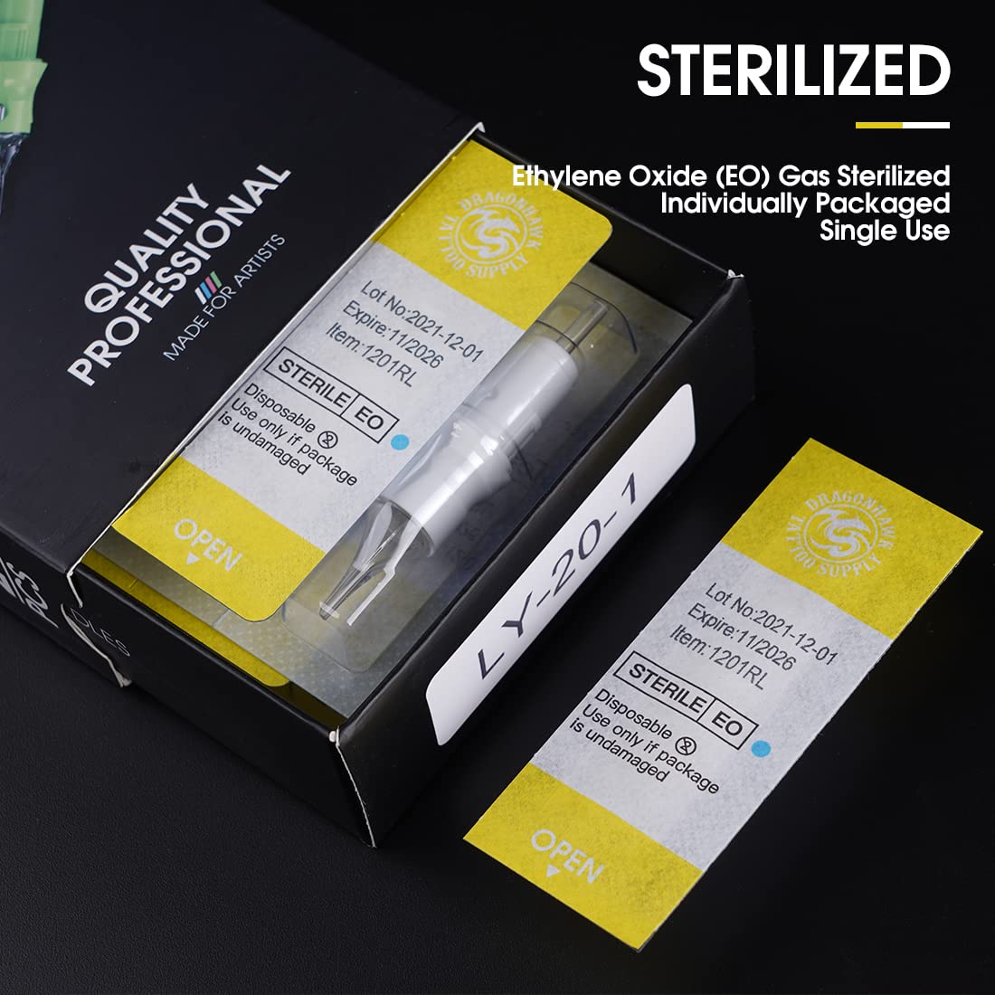 Dragonhawk Tattoo Needles Cartridges, 1005RLT Round Liner Tight Long Taper, 50 Count Needles Kit, Membrane Transparent for Pro Aritsts