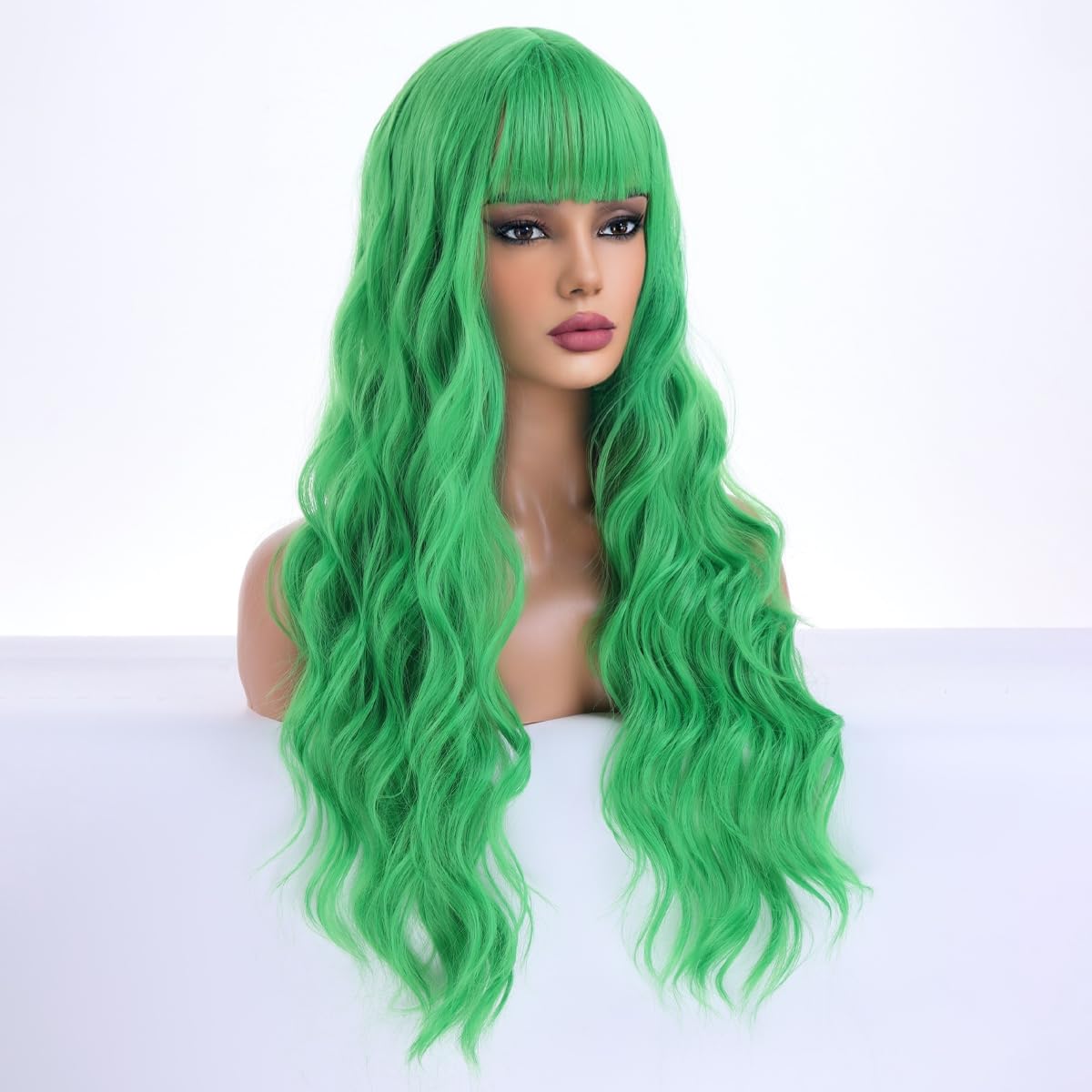 WTHCOS Light Green Long Curly Wavy Hair Wig for Women With Bangs Tender Green Wig Heat Resistant Synthetic Hair Wigs for Daily Use Cosplay Wig With Wig Cap
