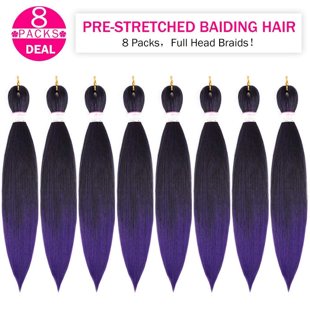 8 Packs Braiding Hair Pre Stretched 24inch Prestretched Crochet Hair Two Tone Black/Purple Pre stretched Synthetic Hair For Human 3X Braids Yaki Straight, Itch Free For Women(24”,Tpurple)