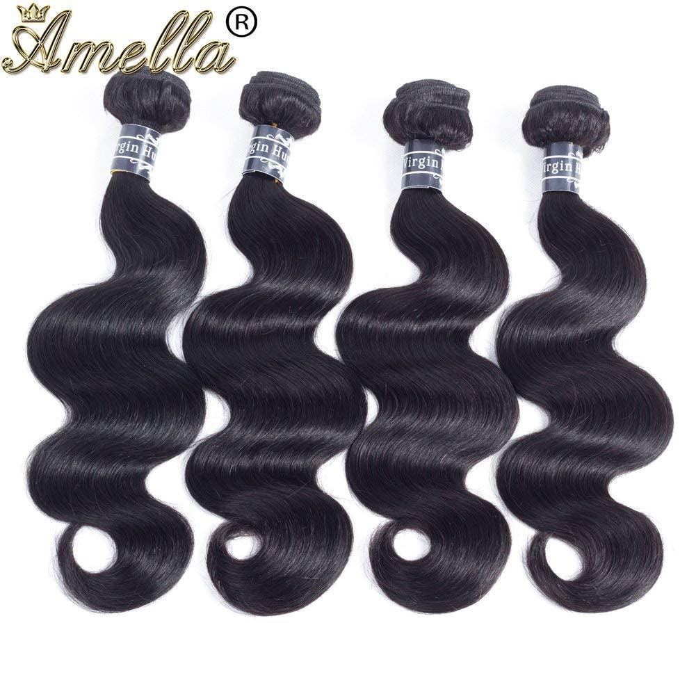 Amella Hair 8A Brazilian Body Wave Human Hair 4 Bundles (12 14 16 18) Brazilian Virgin Remy Hair Weave Bundles Unprocessed Body Wave Virgin Human Hair Bundles Remy Human Hair Extensions