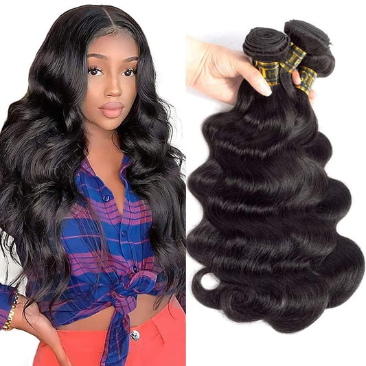 QTHAIR Brazilian Body Wave Human Hair Bundles (24" 26" 28", 16A,Natural Black) 100% Unprocessed Brazilian Virgin Hair Body Wave Human Hair Weave for Black Women
