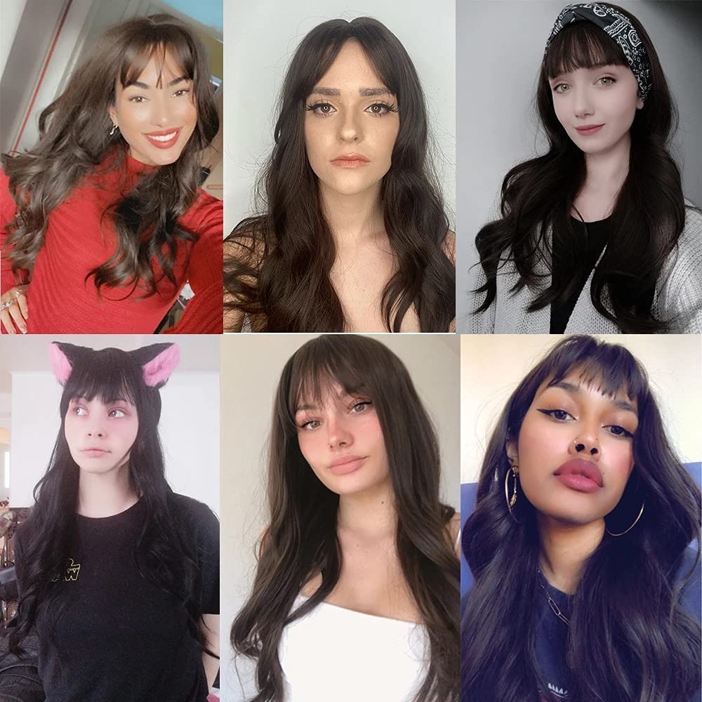 Esmee 24" Long Brown Color Synthetic Natural Wave Wigs with Neat Bangs for White/Black Women Party Wear.