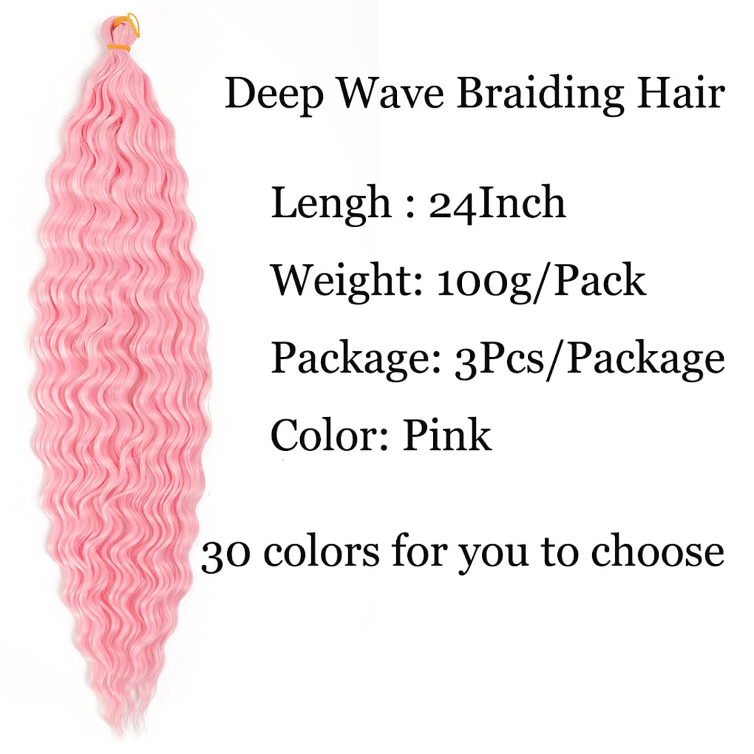 24 inch Ocean Wave Crochet Hair Deep Wave Twist Crochet Hair Extensions Curly Braiding Hair 3 packs Long Wavy Water Wave Braids For Women Synthetic Crochet Braid Hair (24 inch, Pink)