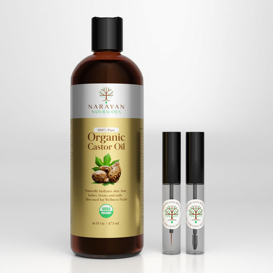 Narayan Organic Castor Oil (16 Fl Oz) — USDA Certified Natural Hexane & Cruelty Free Cold Pressed — For Hair Growth, Eyelashes, Eyebrows & Skin — Extraordinary for Wellness Packs — Includes Beauty Kit