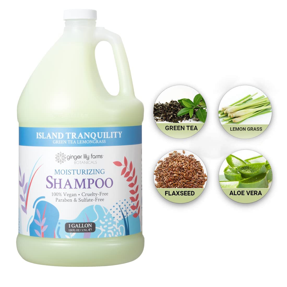Ginger Lily Farms Botanicals Moisturizing Shampoo for All Hair Types, Island Tranquility, 100% Vegan & Cruelty-Free, Green Tea Lemongrass Scent, 1 Gallon Refill (Pack of 4)