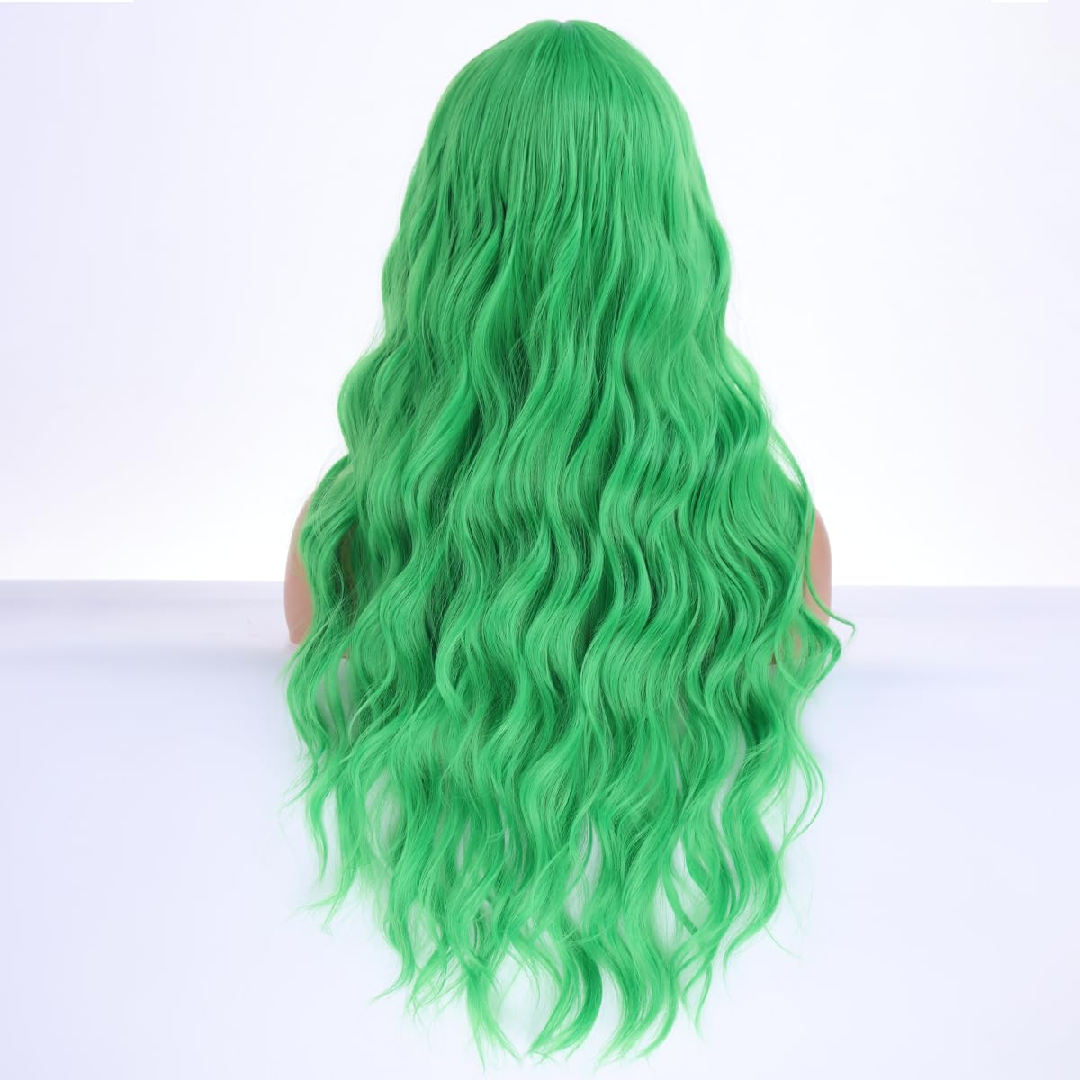 WTHCOS Light Green Long Curly Wavy Hair Wig for Women With Bangs Tender Green Wig Heat Resistant Synthetic Hair Wigs for Daily Use Cosplay Wig With Wig Cap