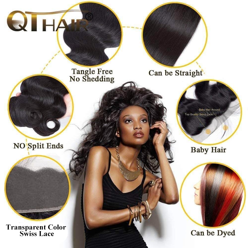 QTHAIR 12A Grade Body Wave Bundles with Frontal Human Hair Bundles with Lace Frontal Body Wave Hair Brazilian Virgin Hair Ear To Ear Frontal with Body Wave Bundles (12 14 14+10 frontal, Natural Color)
