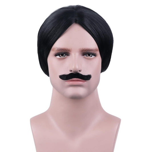 RightOn Men's Black Wig Short Black Wig and Mustache Black Bob Wigs for Men Halloween Party Costume Wigs