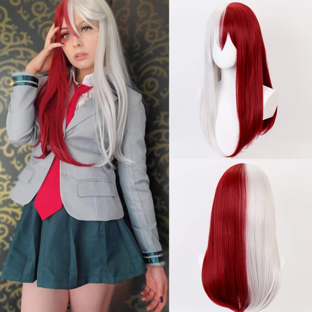 Kaneles Half White Half Red Long Straight Anime Cosplay Wig for Women Red White Synthetic Halloween Hair Wig