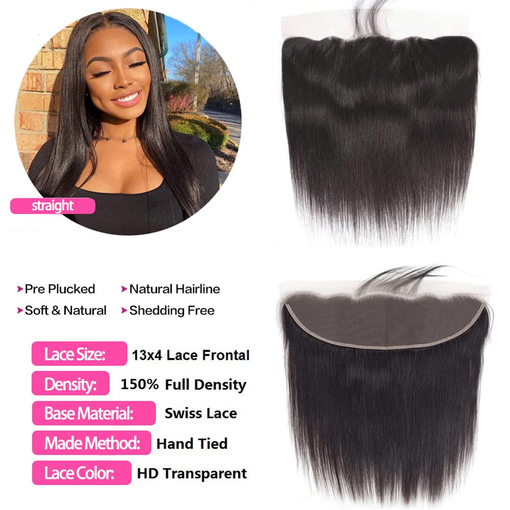 13x4 HD Lace Frontal Closure 20 Inch Straight Lace Frontal Human Hair 100% Unprocessed Brazilian Virgin Hair Ear to Ear Swiss HD Transparent Lace Closure Only Pre Plucked 1B Black