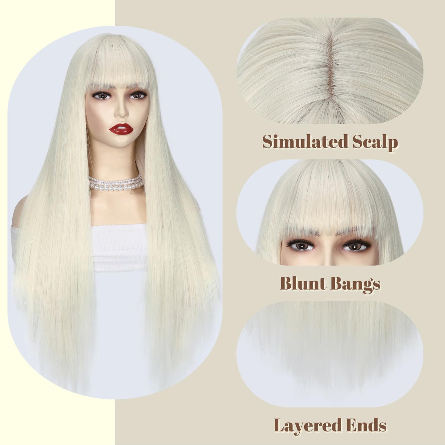 FANCEE Beige Wig with Bangs Long Straight Wig with Blunt Bangs for Women 26 Inch Synthetic Light Beige Blonde Wig with Layered Ends for Cosplay Halloween Party Daily Use