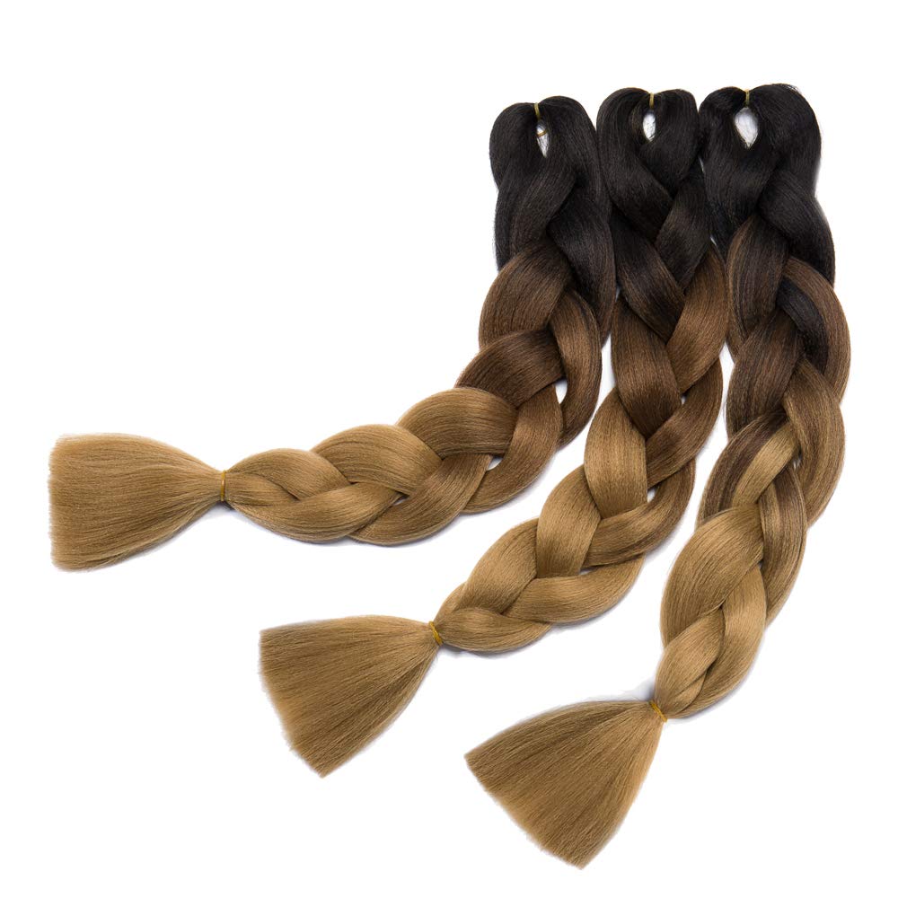 [3packs] 24” Ombre Jumbo Braiding Hair Extensions Multiple Tone Colorful Jumbo Box Braid Hair High Temperature Synthetic Twist Braiding Crochet Hair(24",black to light brown to ash blonde)