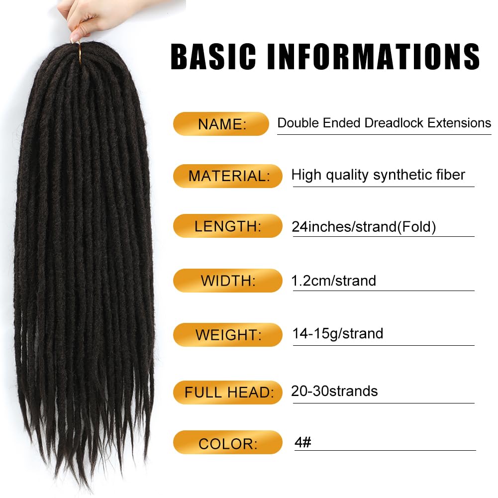 Aguacor Straight Dreadlocks Synthetic Double Ended Dreadlock Extensions 24inches 5 Strands Width 1.2cm Soft DE Black Brown Dreadlock Extensions for Women (5 Strands, 4#)