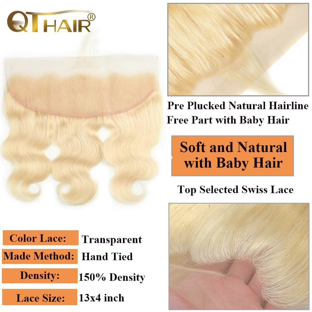 QTHAIR 16A Russian Blonde #613 Color Transparent HD Lace Frontal 100% Human Hair Honey Blonde Body Wave Human Hair for Black Women (10", 613 Body Wave Frontal)