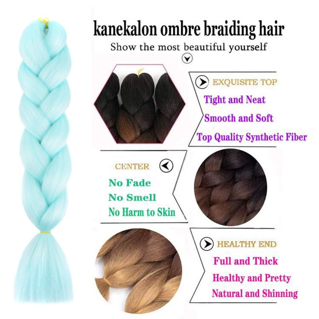 Xiaofeng Colorful Ombre Braiding Hair Extensions 24 Inch 3 Packs High Temperature Jumbo Crochet Braiding Hair for Box Twist Braids (24 Inch (Pack of 3), Light green)