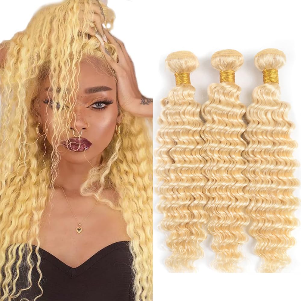 613 Human Hair Bundles Blonde Deep Wave Hair Extenisons 20 20 20 Inch Grade 8A Brazilian Virgin Remy Hair 3 Bundles Human Hair Double Weft Soft Real Hair Weave