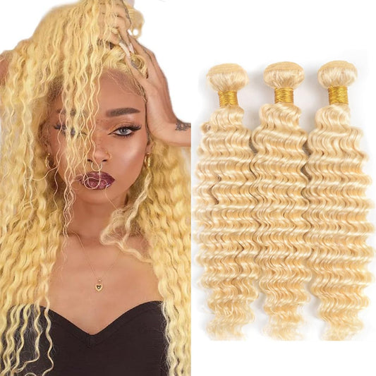 613 Human Hair Bundles Blonde Deep Wave Hair Extenisons 20 20 20 Inch Grade 8A Brazilian Virgin Remy Hair 3 Bundles Human Hair Double Weft Soft Real Hair Weave