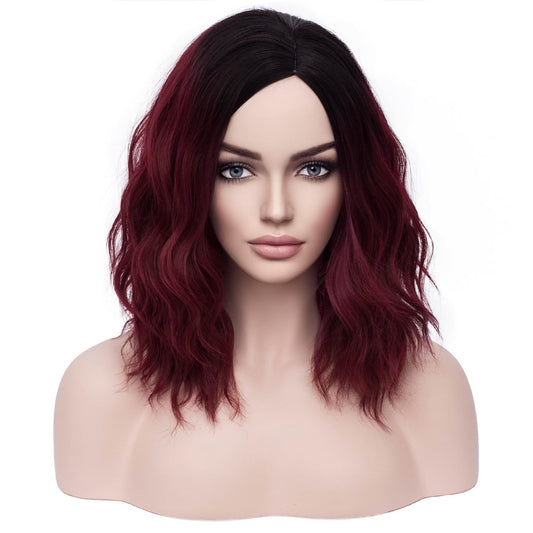 BERON 14 Inches Women Burgundy Ombre Wigs Girls Short Curly Bob Wavy Wig Wine Red Body Heat Resistant Synthetic Cosplay Daily Wigs