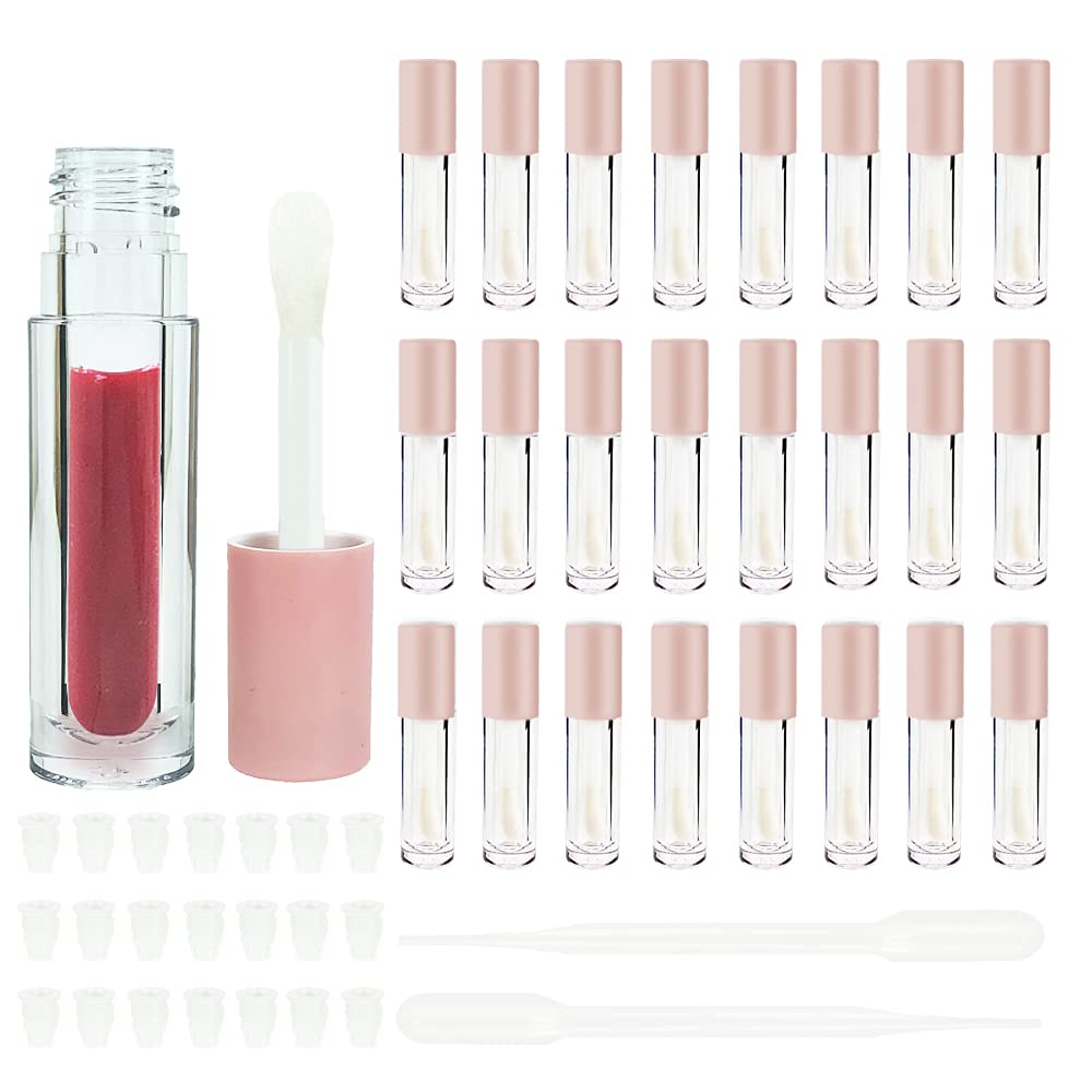 COSIDEA 24 pcs Empty 5ml big brush lip gloss tube Pink round lipgloss tubes container with big doe foot wand cosmetic packing containers