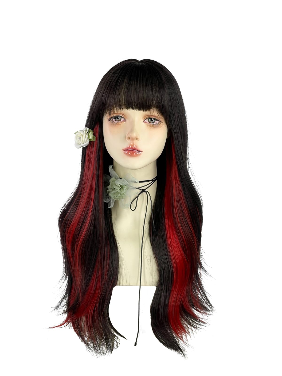 WKLOUYHE Long Wavy Wig for Women Synthetic Curly Wig with Bangs Fibre Cosplay Wig for Girls Daily Use Colorful Wigs (Black+Red)