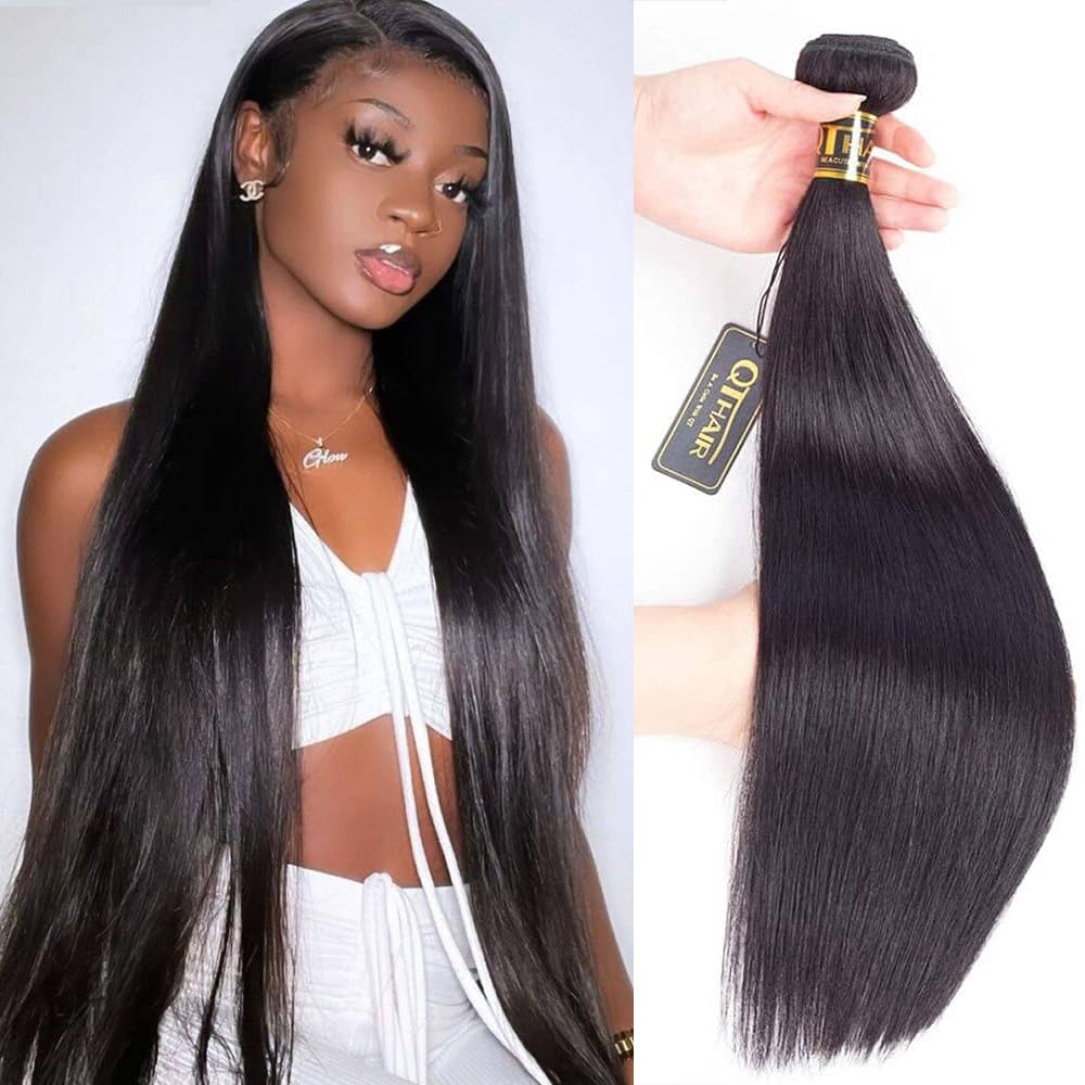 QTHAIR 16A Grade Brazilian Straight Human Hair Bundles 100% Unprocessed Brazilian Straight Human Hair Weave Natural (16", Hair Bundles)