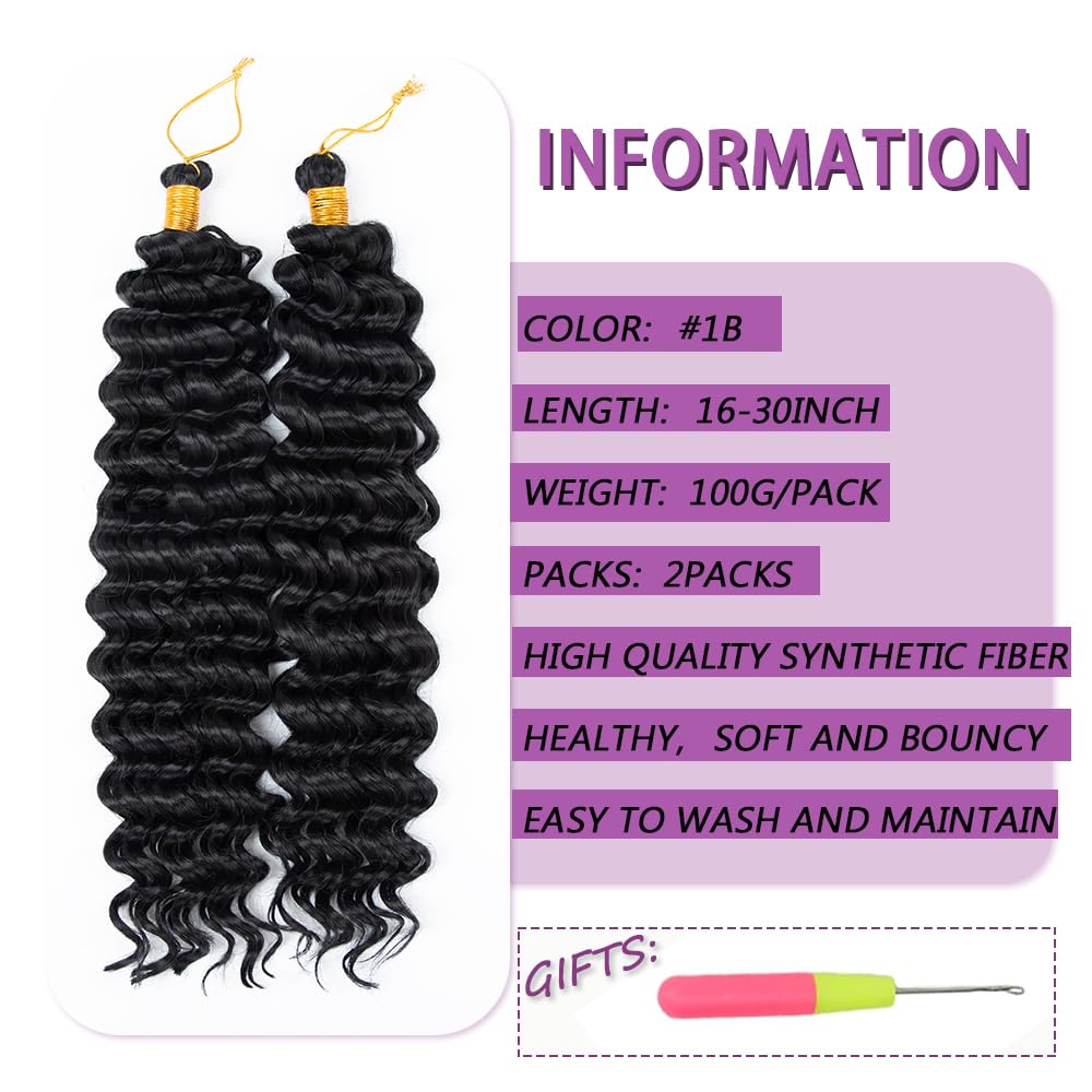 Deep Wave Crochet Hair 16 Inch 2 packs Long Curly Braiding Hair Extensions Ocean Wave Crochet Hair For Black Women Synthetic Ocean Wave Curly Crochet Hair For Boho Box Braids (1B, 16inch, 2pack)