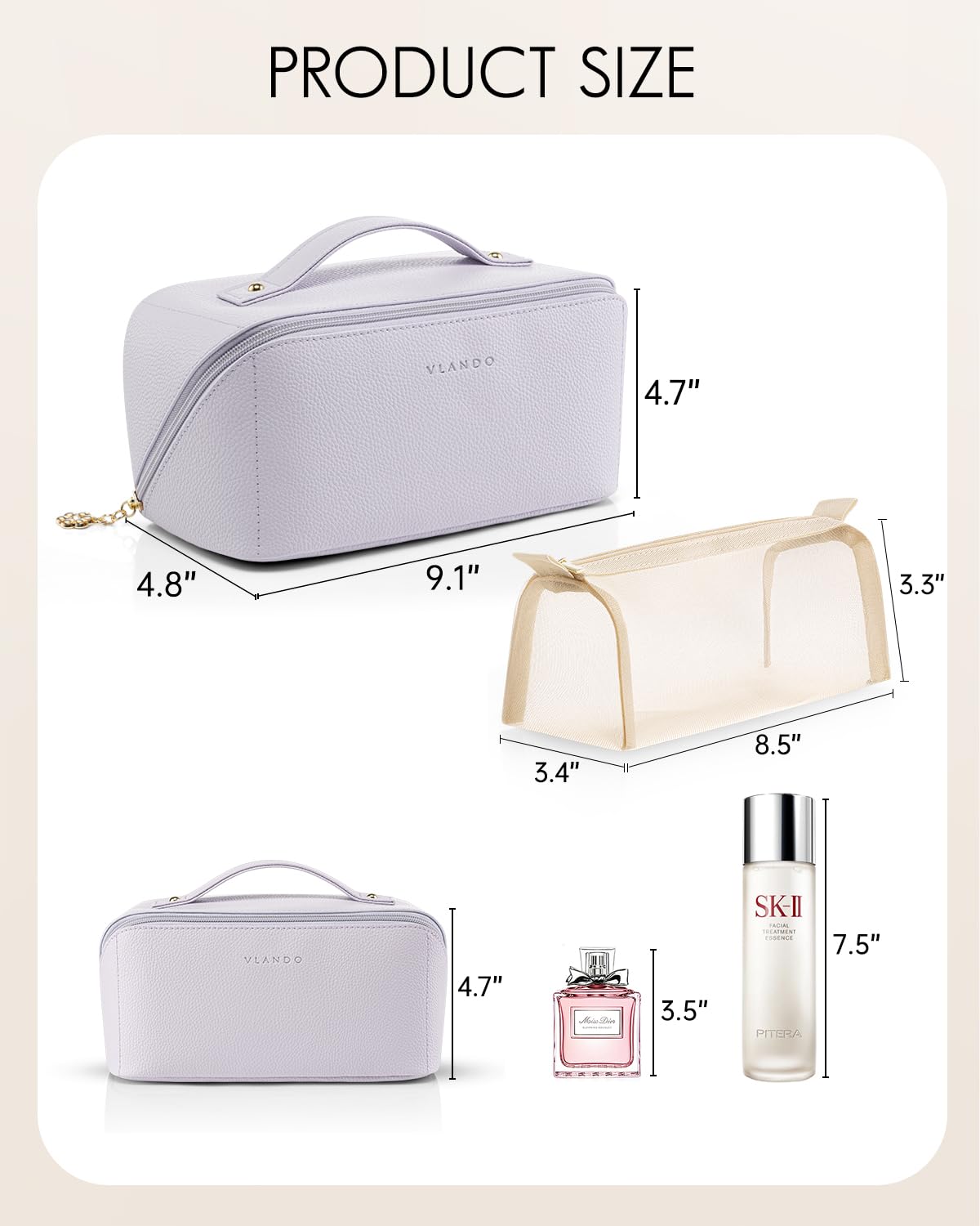 Vlando Makeup Bag,Travel Makeup Bag Waterproof Portable Cosmetic Bag PU Leather Open Flat Make up Organizer for Travelers teen Girls Women,Christmas Gifts for Women(Purple)