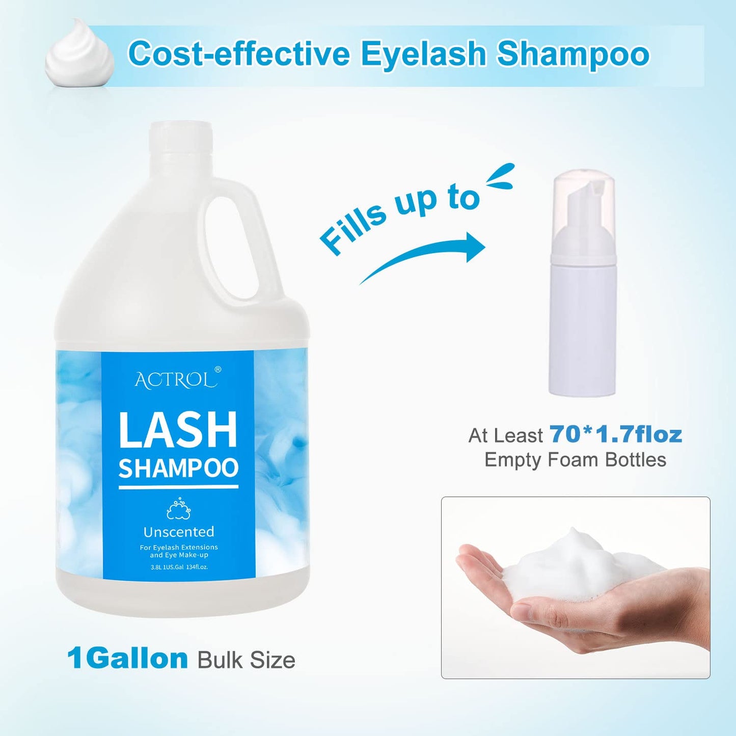 ACTROL Eyelash Extension Cleanser Gallon Unscented 3.8L Natural Lash Extension Shampoo Professional Eyelid Foaming Cleanser Paraben & Sulfate Free Non-lrritating with Salon and Home Care