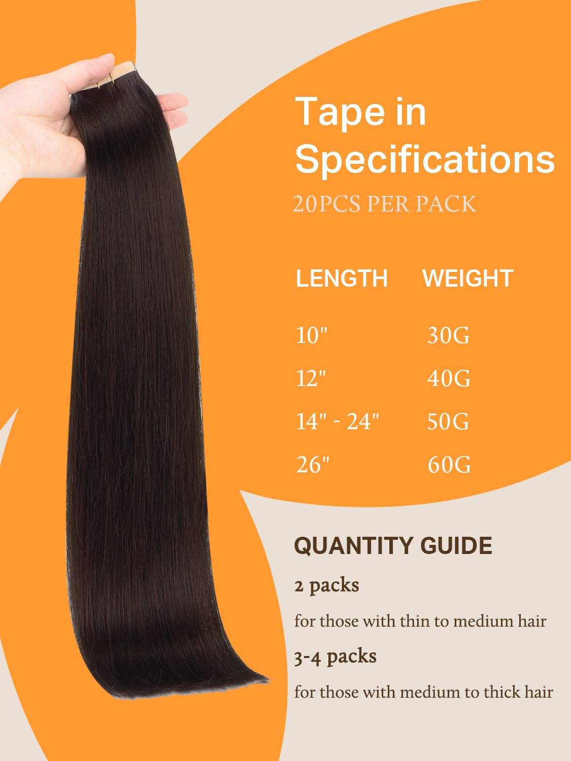 DOORES Hair Extensions Tape in 16 Inch 50g 20pcs Real Dark Brown Skin Weft Tape in Human Hair Extensions Straight Hair Extensions