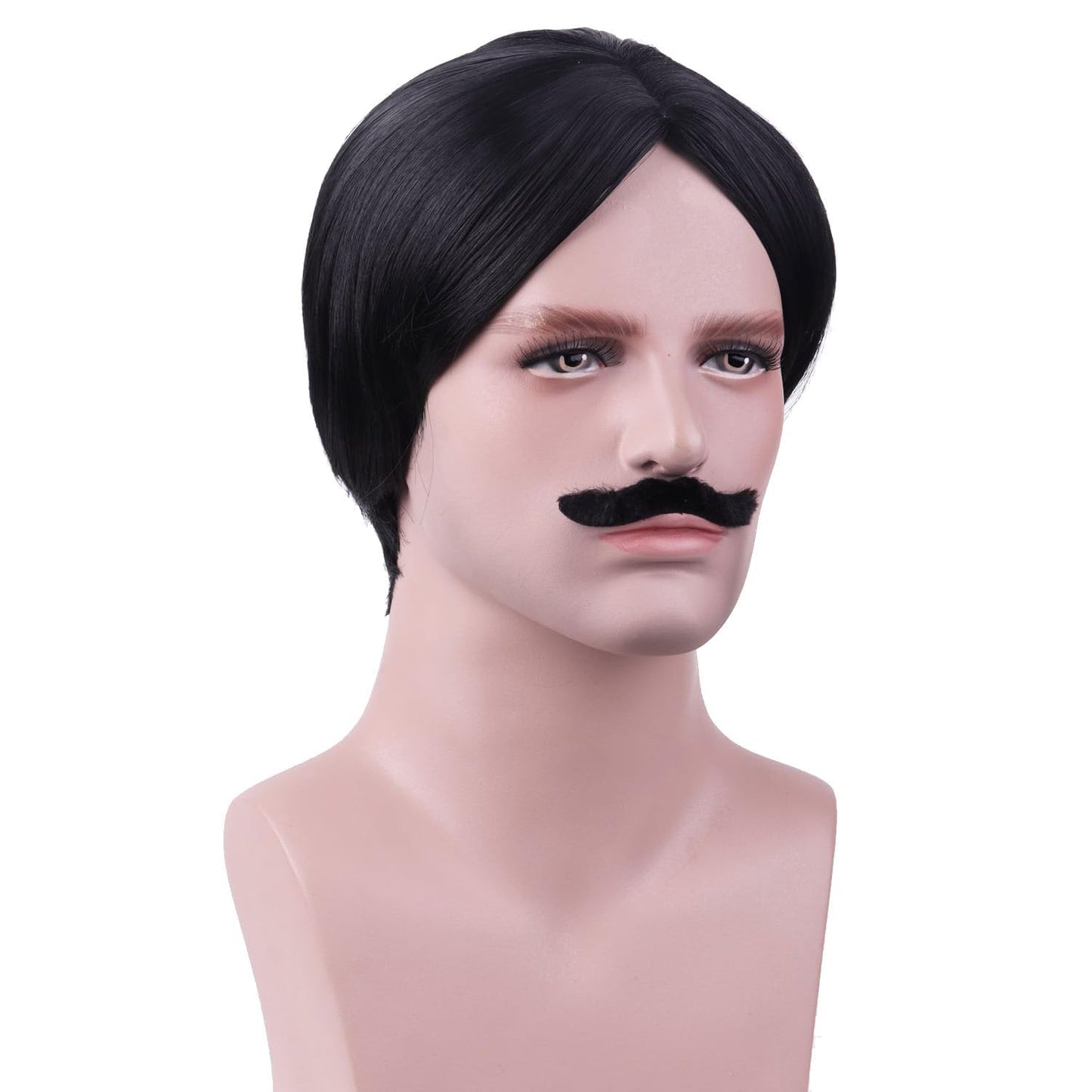 RightOn Men's Black Wig Short Black Wig and Mustache Black Bob Wigs for Men Halloween Party Costume Wigs