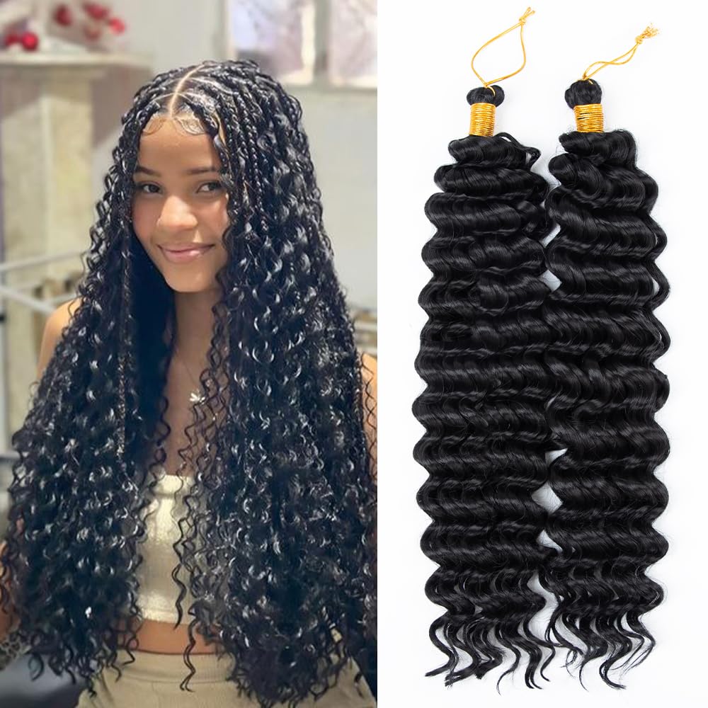 Deep Wave Crochet Hair 16 Inch 2 packs Long Curly Braiding Hair Extensions Ocean Wave Crochet Hair For Black Women Synthetic Ocean Wave Curly Crochet Hair For Boho Box Braids (1B, 16inch, 2pack)