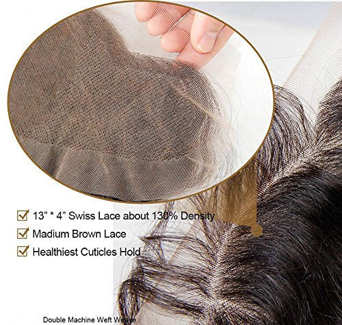 Greatremy Brazilian Virgin Human Lace Frontal Closure with Free Part Baby Hair Ear To Ear Straight 13"x4" Density Natural Color 10inch